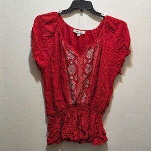 Jennifer and Grace Red Embroidered Stretch Peasant Hippie Indie S/S Top 2X